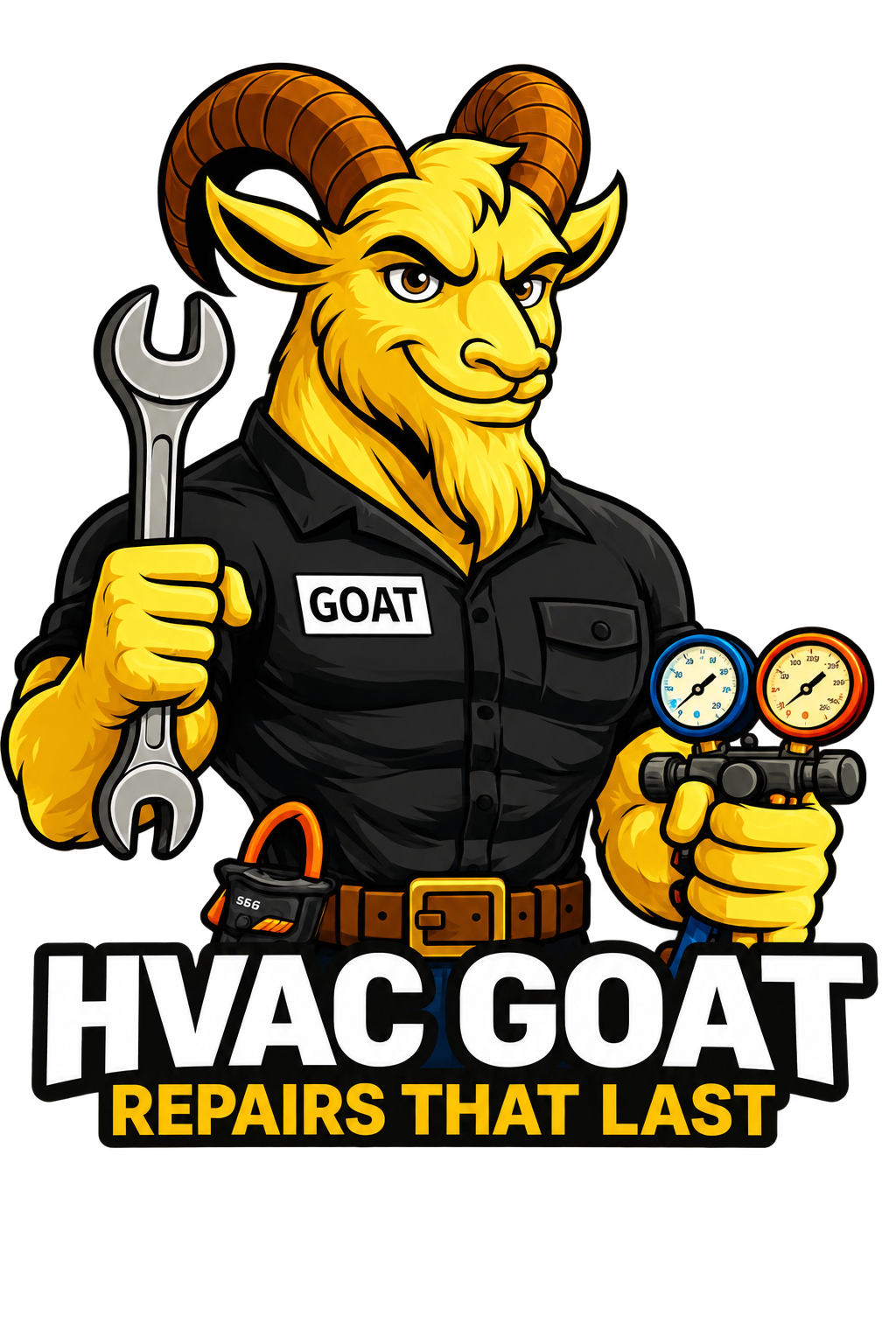 HVAC GOAT technician mascot holding a wrench and refrigeration gauges. Repairs that last.